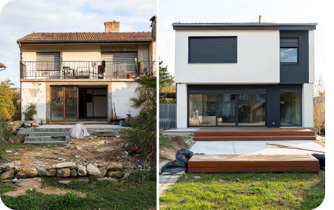 A dated house before renovation beside the same house after a full flip