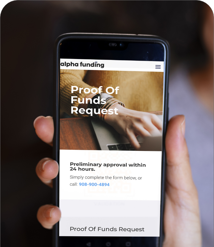 A phone showing the Alpha Funding proof of funds request screen