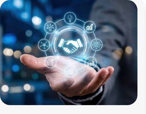 An open hand with a glowing network of deal analysis icons above it